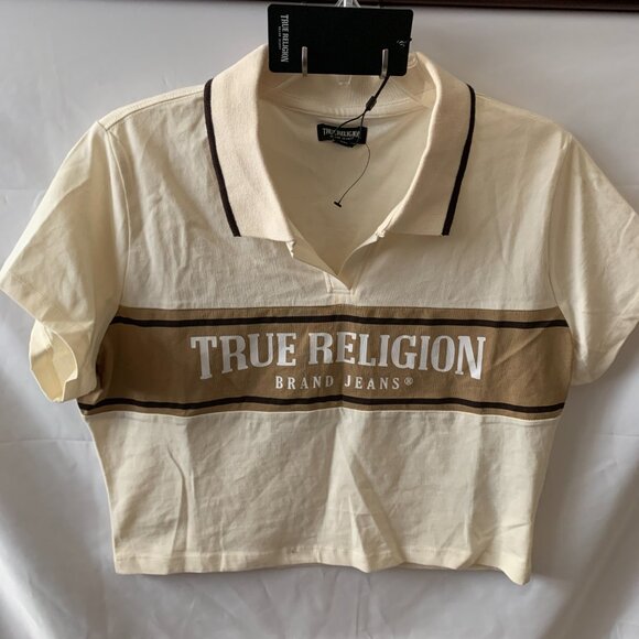 TRUE RELIGION Signature Panel Cropped Polo Tee Sz LARGE - Picture 3 of 5